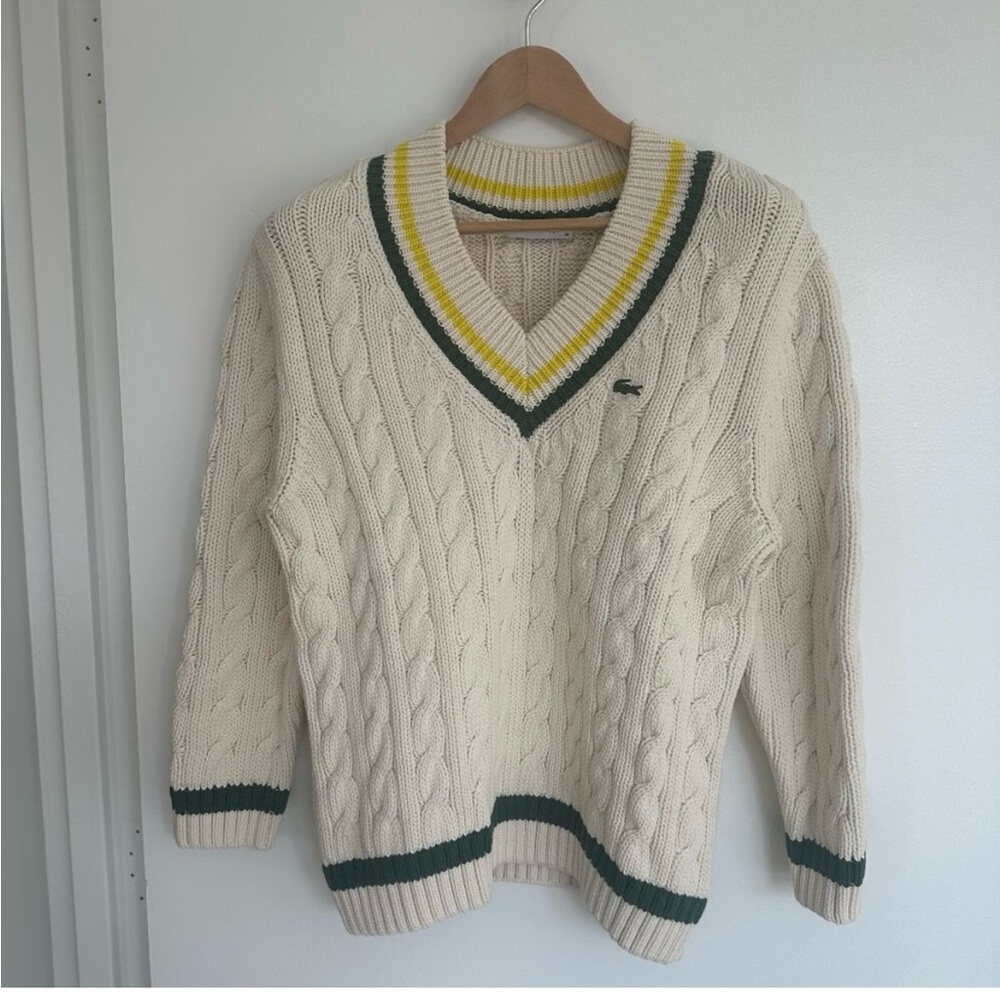Lacoste V-Neck Sweater in white with Green and Yellow stripe detail collar, NWT